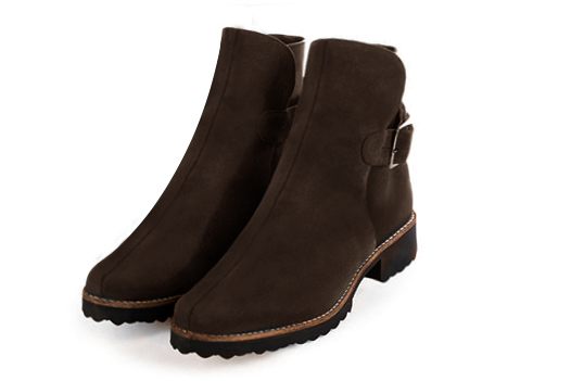 Dark brown women's ankle boots with buckles at the back. Round toe. Flat rubber soles. Front view - Florence KOOIJMAN